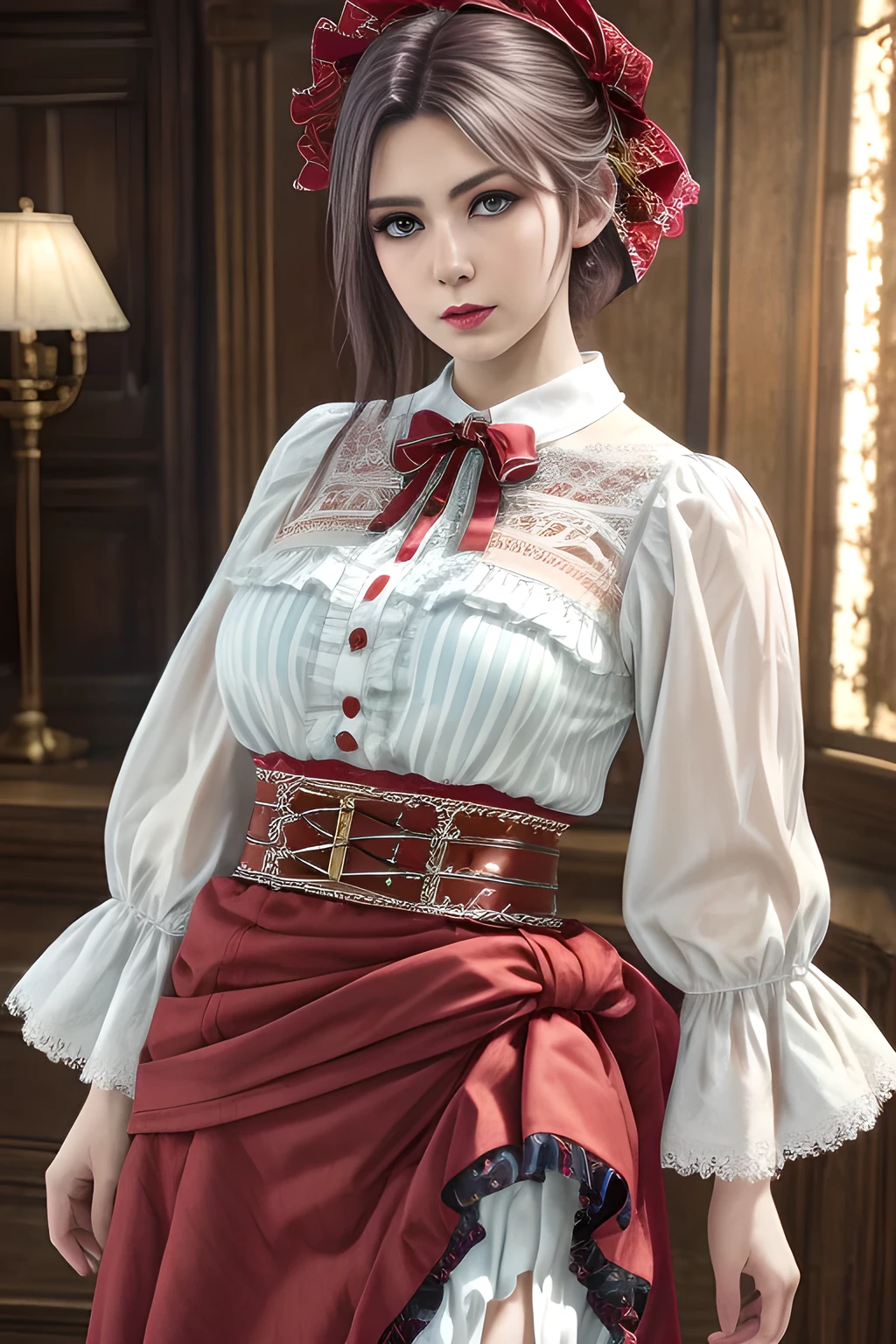 1girl,wearing a traditional-style outfit with a rich historical and folk-inspired aesthetic. Her white blouse features ruffled details and intricate embroidery, with red and white striped sleeves and ribbon embellishments on the upper arms. The red skirt is adorned with pleats and lace trims, and a brown belt with floral decorations and tassels wraps around her waist, adding a touch of authenticity to the look. The overall outfit exudes a sense of timeless charm and cultural heritage, ,beautiful detailed eyes, beautiful detailed lips, extremely detailed eyes and face, long eyelashes, (best quality,4k,8k,highres,masterpiece:1.2), ultra-detailed, (realistic,photorealistic,photo-realistic:1.37), sharp focus, vivid colors, HDR, studio lighting, physically-based rendering,elise