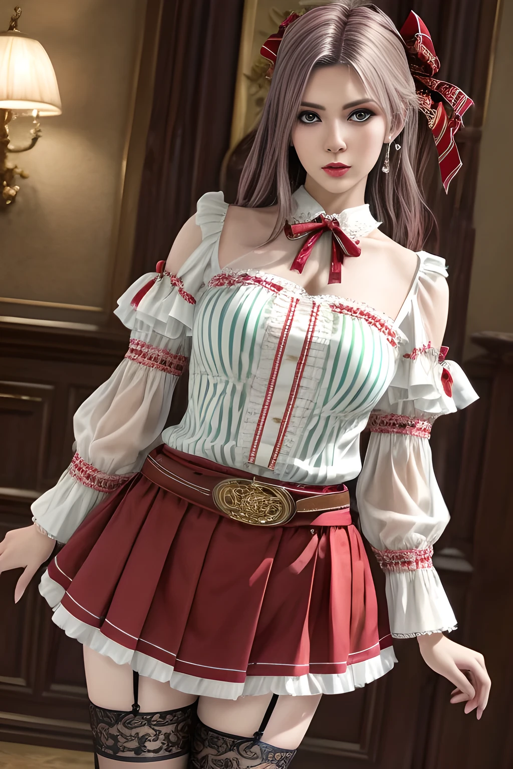 1girl,wearing a traditional-style outfit with a rich historical and folk-inspired aesthetic. Her white blouse features ruffled details and intricate embroidery, with red and white striped sleeves and ribbon embellishments on the upper arms. The red skirt is adorned with pleats and lace trims, and a brown belt with floral decorations and tassels wraps around her waist, adding a touch of authenticity to the look. The overall outfit exudes a sense of timeless charm and cultural heritage, ,beautiful detailed eyes, beautiful detailed lips, extremely detailed eyes and face, long eyelashes, (best quality,4k,8k,highres,masterpiece:1.2), ultra-detailed, (realistic,photorealistic,photo-realistic:1.37), sharp focus, vivid colors, HDR, studio lighting, physically-based rendering,elise