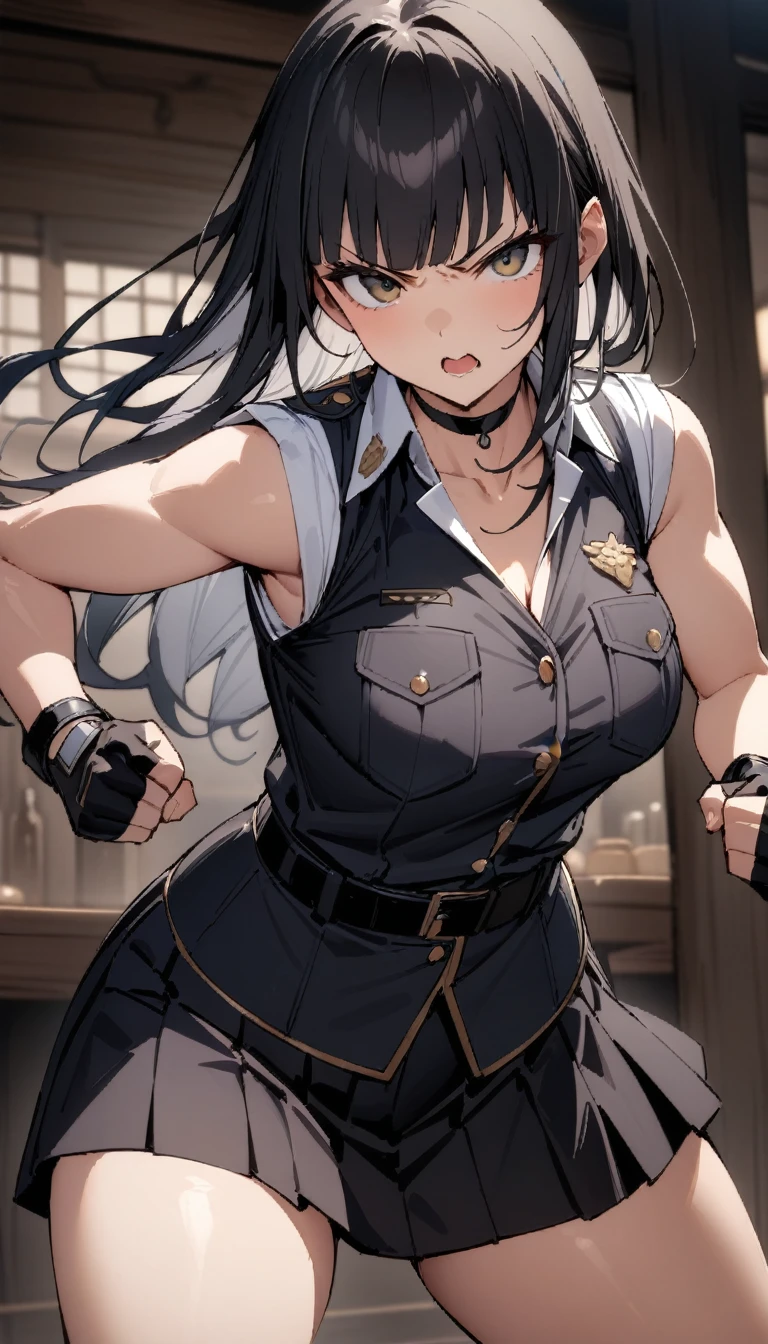 ((Highest quality)), ((masterpiece)), (detailed),cowboy shot , Rin々Policewoman　small breasts 　Mature Woman, ((A white sleeveless U-neck T-shirt with a black sleeveless chest pocket police vest layered over it)),　Black choker,((clavicle))、Black long hair　Blunt bangs　black pleated mini skirt　black fingerless gloves　V-shaped eyebrows　Combat Stance　Black Belt　Clenched fist　Old tavern