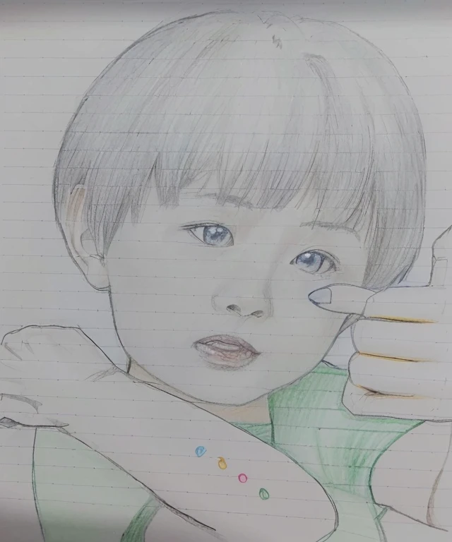 drawing of a pointing at something with a finger, Colored pencil sketch, kid drawing, by Ayako Rokkaku, Crayon on paper, By Oka Yasutomo, Close-up portrait, kid's drawing, Colored pencil sketch, based on child's drawing, Colored pencils on paper, drawing, By Yuki Ogura, realism drawing