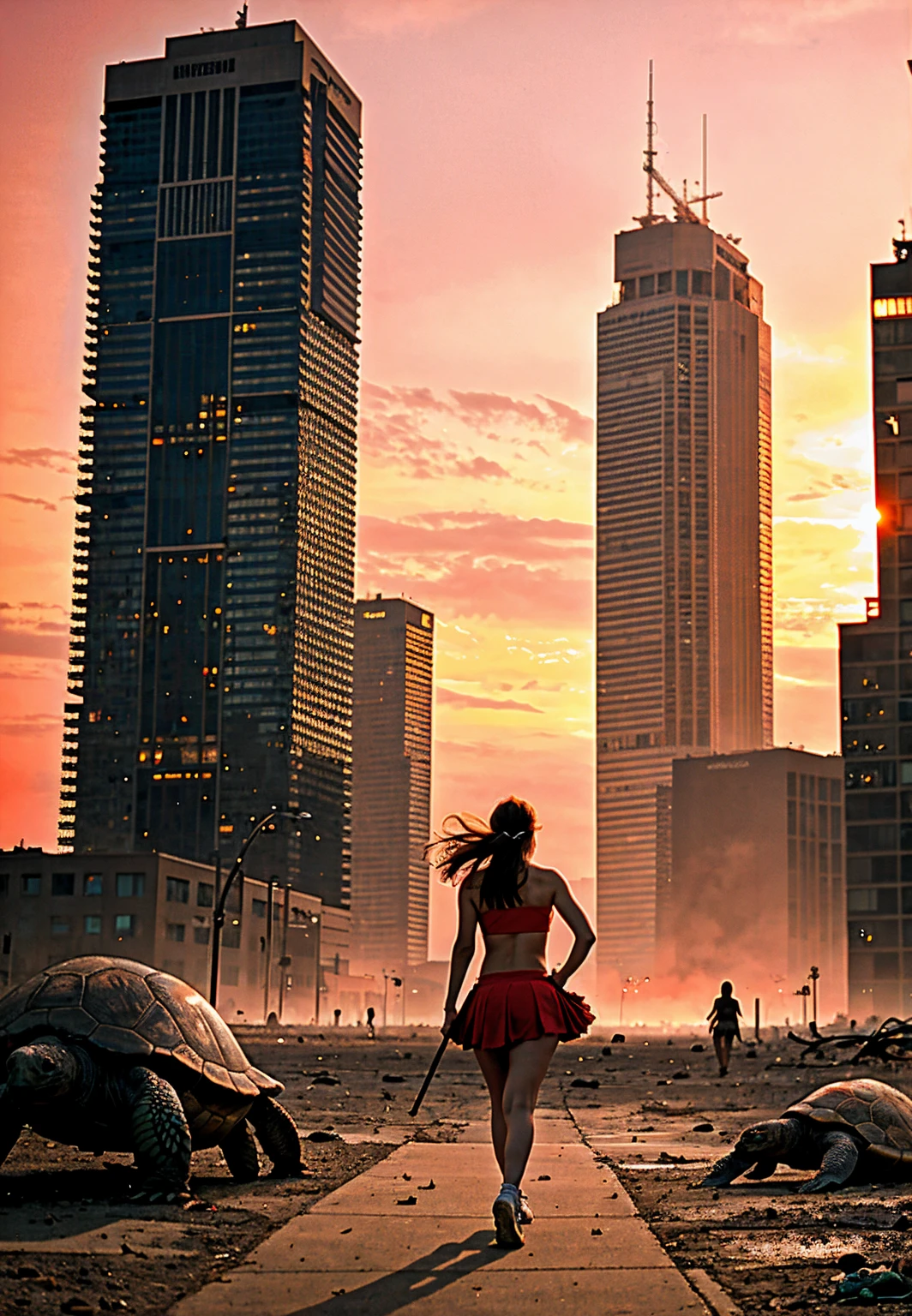 A cheerleader walking two turtles. In a dystopian wasteland. Burning skyscrapers. Red sky.