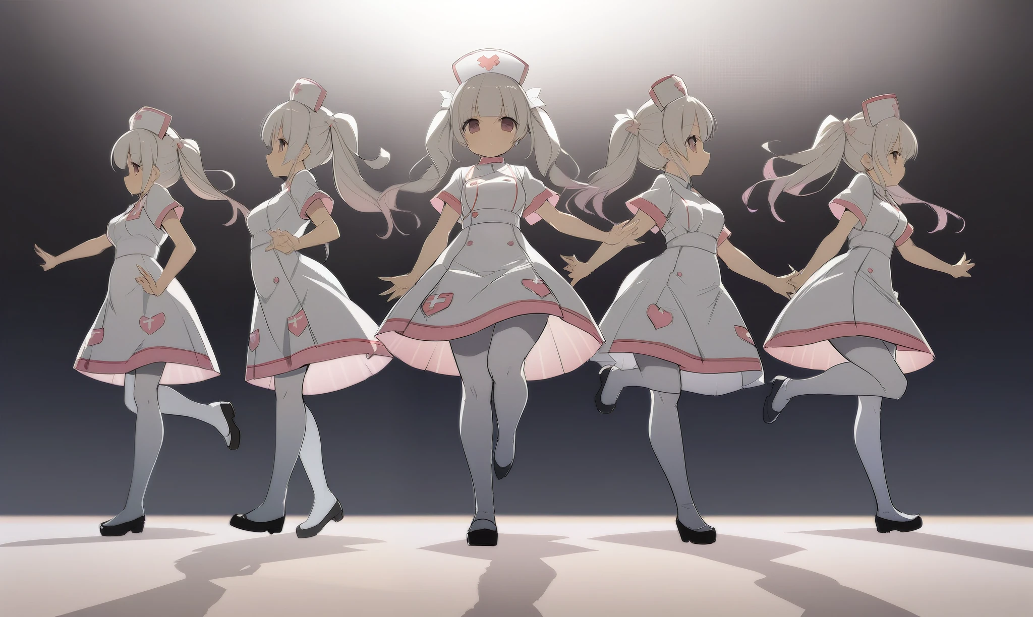 early anime style, dynamic angle, dynamic Composition, Chibi, Same nurse girls, Nurse Costume, Quadruple Fashion, White tights, a double silhouette, (Fast Forward:1.6), Continuous movement, masterpiece, best Quality, highly detailed,