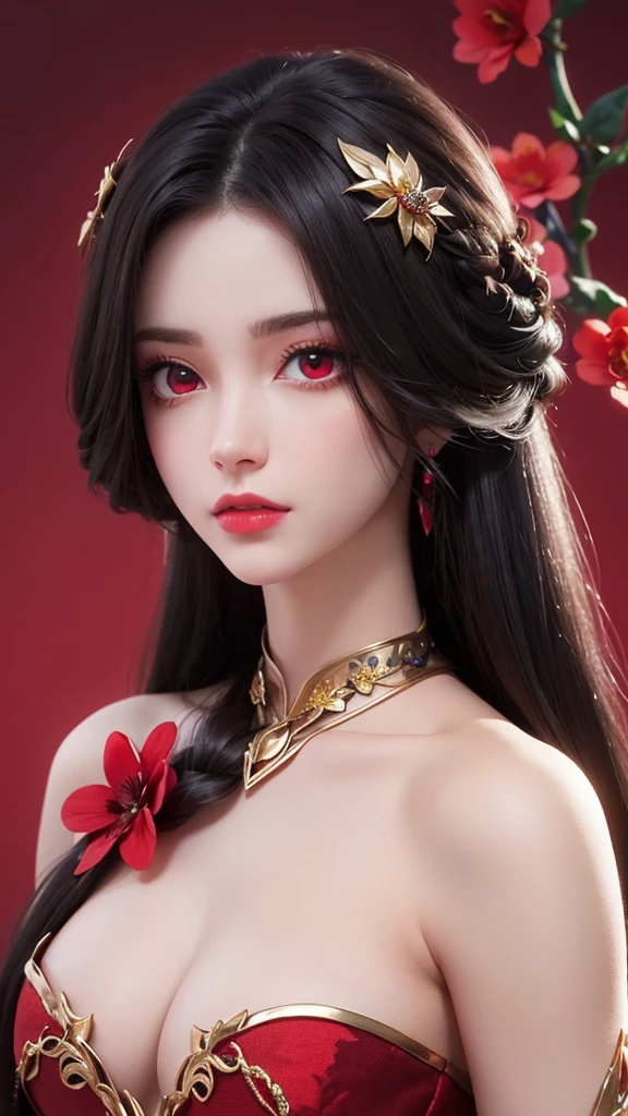 "1 beautiful girl in national costume, Wearing bright red traditional Chinese ao dai, Ao dai with red as the main color, Black chest border and gold border, long hair and white bangs,,, The most detailed and beautiful hair jewelry, Super cute little face, Very pretty face, Sparse eyebrows, The most perfect beautiful face, ((Black pupil:0.8)), Very beautiful eyes, ((Eyes red:1.4)), Beautiful and detailed eyelashes and very magical makeup, High Nose, earrings, thin lips, Red lips, No smiling, Beautiful lips, Rosy face, Clean face, Perfect beautiful face , smooth white skin, (Big breasts: 0.9)), Brams' chest, ((Large, Super round breasts): 0.9)), ((Super tight breasts: 1.2)), ((Breast augmentation surgery: 0.8)), Beautiful breasts, Sitting on the floor, Sitting with legs wide open, Thighs are wide and not shy, hands behind back, Chest forward, lean back a little, Beautiful girl's upper body, 8k photo, ultra-quality, Hyper realistic, 10x Super Pixels, photographrealistic, bright studio, Bright edges, Two-tone bright colors, (high detailing) skin: 1.2), 8k ultra, Soft light, High quality , Volumetric lighting, Realistic, Photos, High resolution, light, Best Photo, 4K, The 8k quality, Blur effect, Smooth and sharp, 10x pixel, Aurora, Lightning, Super Graphics , The most realistic graphics,(Red flower background: 1.7), Alone, Solo, Portraits 9:16, Very sharp, Surreal images."