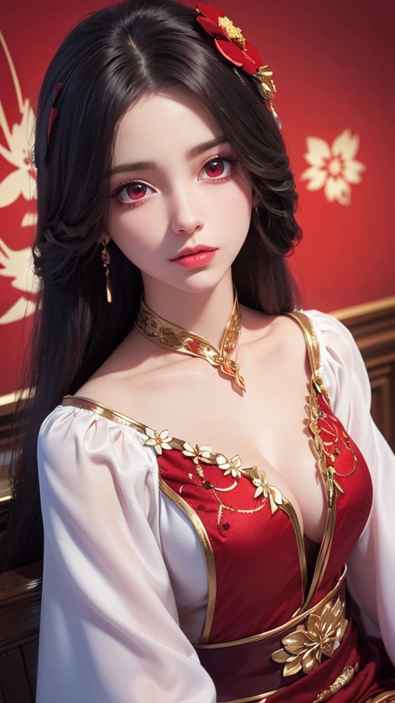 "1 beautiful girl in national costume, Wearing bright red traditional Chinese ao dai, Ao dai with red as the main color, Black chest border and gold border, long hair and white bangs,,, The most detailed and beautiful hair jewelry, Super cute little face, Very pretty face, Sparse eyebrows, The most perfect beautiful face, ((Black pupil:0.8)), Very beautiful eyes, ((Eyes red:1.4)), Beautiful and detailed eyelashes and very magical makeup, High Nose, earrings, thin lips, Red lips, No smiling, Beautiful lips, Rosy face, Clean face, Perfect beautiful face , smooth white skin, (: 0.9)), Brams' chest, ((Large, Super round breasts): 0(Super tight breasts: 1.2)), ((augmentation surge8)), Beautiful breasts, Sitting on the floor, with legs wide open, Thighs are wide and not shy, hands behind back, Chest forward, lean back a little, Beautiful girl's upper body, 8k photo, ultra-quality, Hyper realistic, 10x Super Pixels, photographrealistic, bright studio, Bright edges, Two-tone bright colors, (high detailing) skin: 1.2), 8k ultra, Soft light, High quality , Volumetric lighting, Realistic, Photos, High resolution, light, Best Photo, 4K, The 8k quality, Blur effect, Smooth and sharp, 10x pixel, Aurora, Lightning, Super Graphics , The most realistic graphics,(Red flower background: 1.7), Alone, Solo, Portraits 9:16, Very sharp, Surreal images."