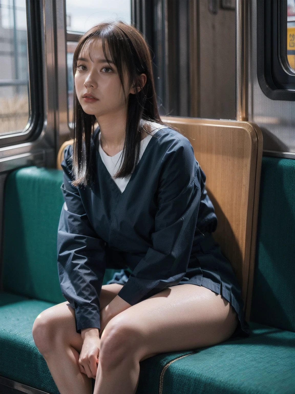 "(Masterpiece, High Definition, Ultra High Definition, 4K) Black hair, 22 years old Japan girl, uniform skirt, emphasizing thighs, white thighs, soft thighs, glossy thighs, sitting on the train, face-to-face angle, (angle from below),sitting in the train seat,Sitting in front,Zoom camera in the crotch,Feet on the train floor,Full body,Looking down and sleepy,Looking at the viewer only", best quality, ultra high definition, (photorealistic:1.4),, high resolution, detail, raw photo, sharp re, Nikon D850 film stock photo by Lee Jefferies 4 kodak portra 400 camera f1.6 lens rich colors hyper realistic lively textures dramatic lighting unreal engine artstation trends cinestir 800,natural big breast