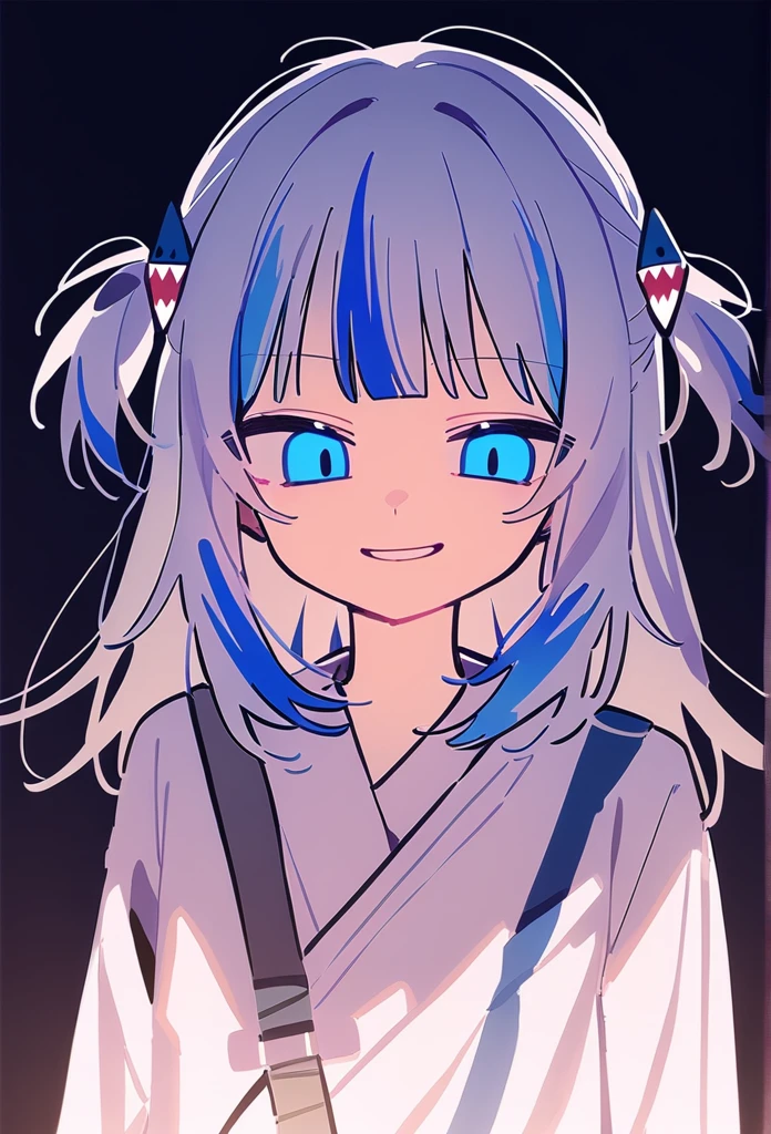 1girl, 3j_dangan, gawr gura, hololive, smirk, glowing eyes, low illumination, medium quality, late