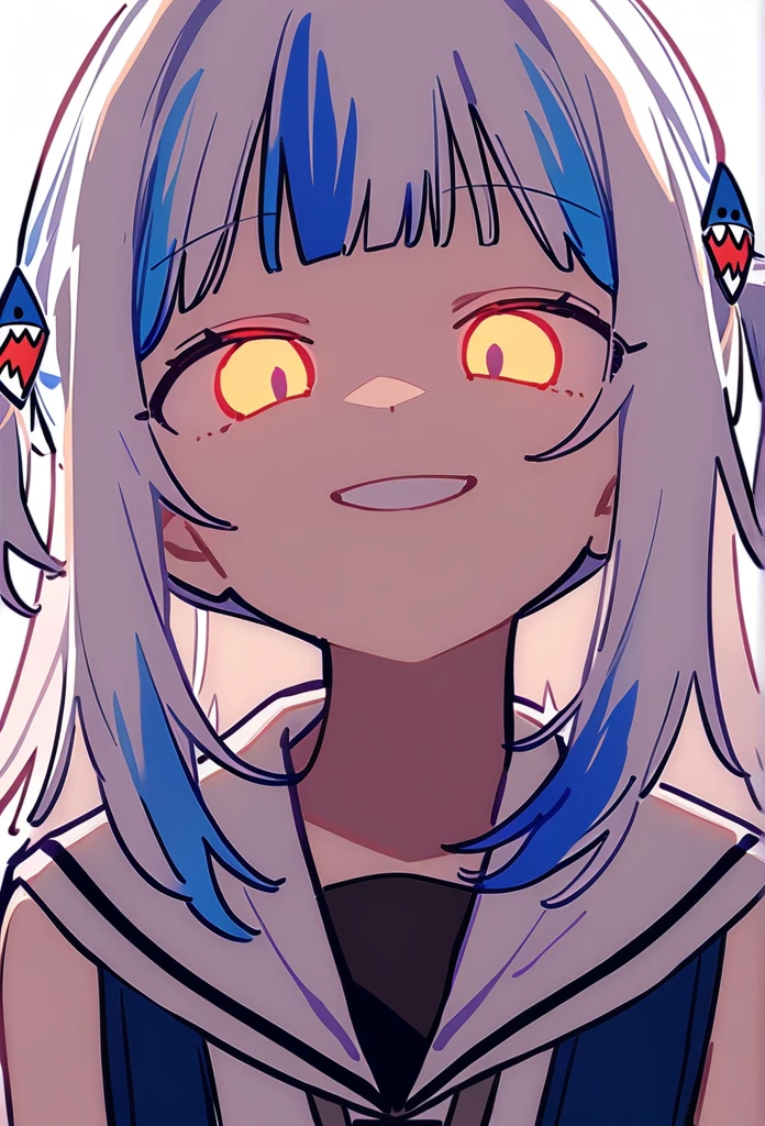 1girl, 3j_dangan, gawr gura, hololive, smirk, glowing eyes, low illumination, medium quality, late
