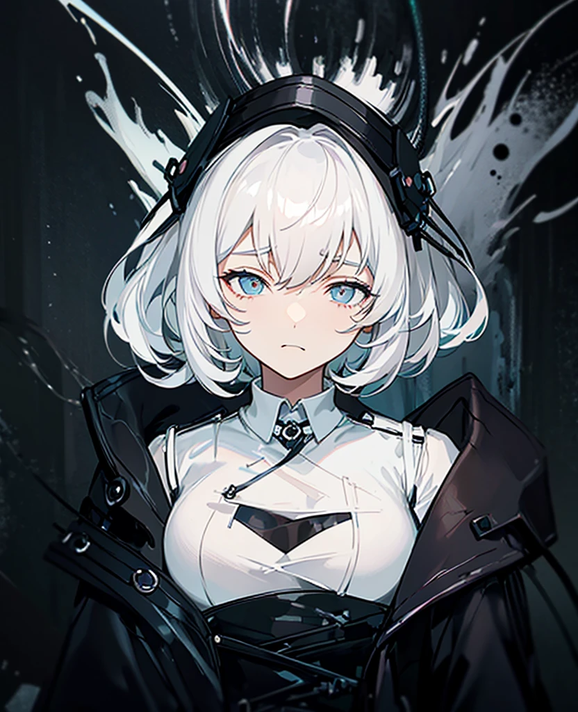 Masterpiece,Best quality,(A gloomy painting style:1.6),Solo,Boy,White hair,Short hair,(White shirt:1.4),((Face)) shirt,Shorts,Coat,Hood,Sneakers,Black coat,No breasts,Long sleeves,bangs,Fingerless gloves,Short hair,hair between eye,((gloomy expression)),(Pure black background:1.4),1 girl,monochrome,upper_body,gloom,hood,heart,hands up,holding heart,