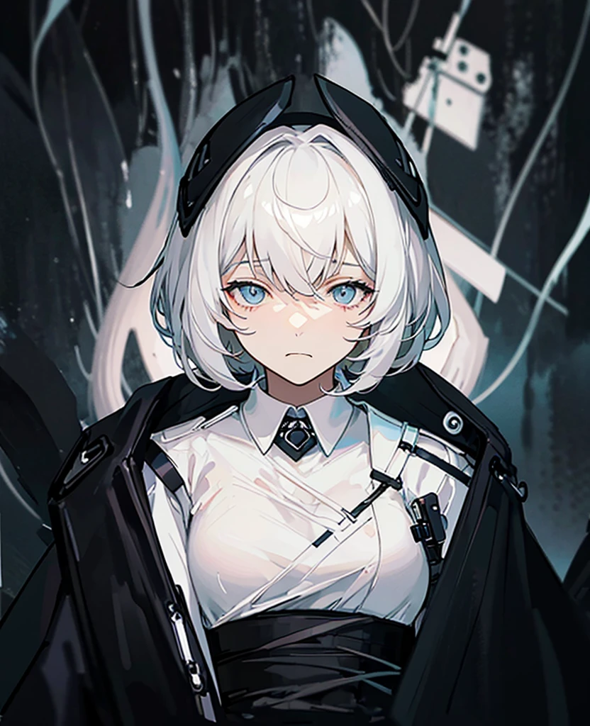 Masterpiece,Best quality,(A gloomy painting style:1.6),Solo,Boy,White hair,Short hair,(White shirt:1.4),((Face)) shirt,Shorts,Coat,Hood,Sneakers,Black coat,No breasts,Long sleeves,bangs,Fingerless gloves,Short hair,hair between eye,((gloomy expression)),(Pure black background:1.4),1 girl,monochrome,upper_body,gloom,hood,heart,hands up,holding heart,