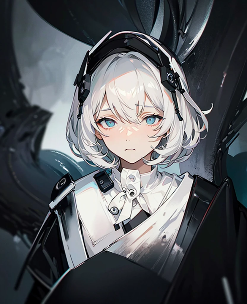 Masterpiece,Best quality,(A gloomy painting style:1.6),Solo,Boy,White hair,Short hair,(White shirt:1.4),((Face)) shirt,Shorts,Coat,Hood,Sneakers,Black coat,No breasts,Long sleeves,bangs,Fingerless gloves,Short hair,hair between eye,((gloomy expression)),(Pure black background:1.4),1 girl,monochrome,upper_body,gloom,hood,heart,hands up,holding heart,