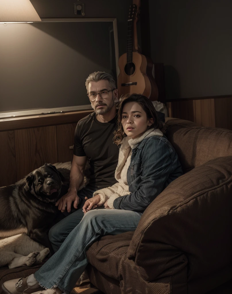 There are two people sitting on a couch with a dog, powder Nándor Katona, in house, por Pál Balkay, por Willian Murai, profile image, por Ivan Ranger, with dogs, by Martin Benka, commissioned, high quality upload, by Teresa Fasolino, top quality picture, photo realist, pixar model