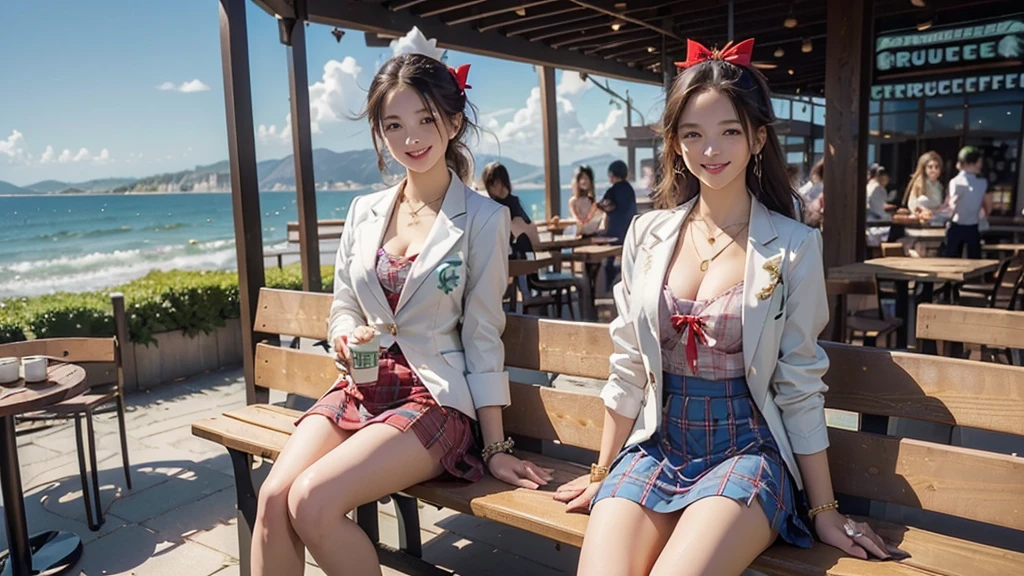 8K、RAW Photos、Highest quality、Super detailed、Super Resolution、Ultra HD、8K壁紙、Amazing details blazer uniform girl ((White blouse with formal collar, Blue Blazer,
Red Check Skirt, Red checkered ribbon on blouse)), Complete limbs, Full Finger,
(((((Starbucks)))))、((((Cafe bench with sea view))))((16 year old female student))、(((((Eat cake、Drink coffee、smile)))))、(((Heart Necklace、Gold bracelet)))
(((Emphasize cleavage)))
((((Full body photo、The whole body is visible、Full body portrait))))