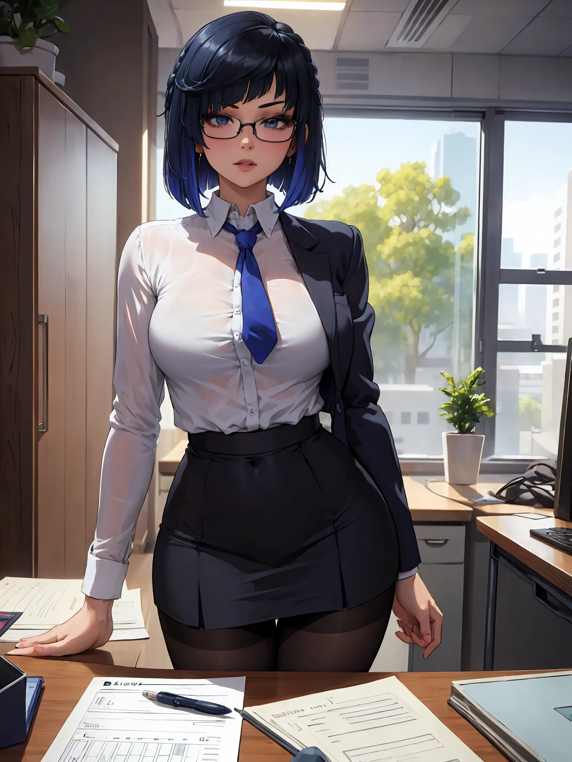 (masterpiece), (best quality), (detailed), (1girl), anime screencap, lineart, yelan, (fully clothed), glasses, round glasses, office outfit, office blazer, black blazer, buttoned blazer, black suit, white shirt, (long blue tie), office tie, blue office tie, office skirt, black skirt, black stockings, high stockings, thigh stockings, pantyhose, lips, naughty face, breath, bob cut, beautiful glowing hair, (office background), office, office table, computer monitor, blurry, blurry background, bokeh, 200mm lens, 
