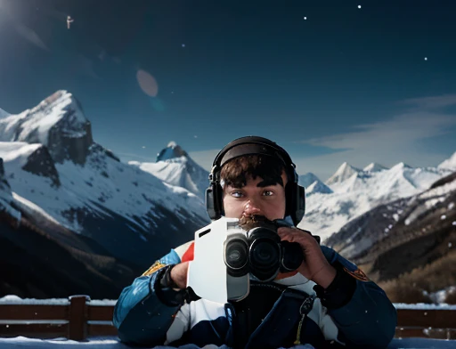 Bearded astronaut, plump, chubby, extremely thick thighs, large belly, fat, using a dummy for observation, He holds the binoculars with both hands close to His Face, icy mountains, snowy place, the Astronaut using binoculars to observe( frontal image) Holding a pair of binoculars. dynamic photography.