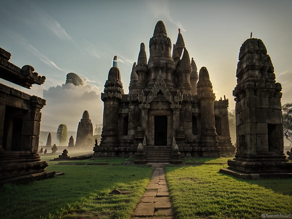 a picture of unfinished temple in the morning at sunrise (prambanan), good lighting, good quality, good texture, mist, myth vibe, 4k, realistic, low angle,