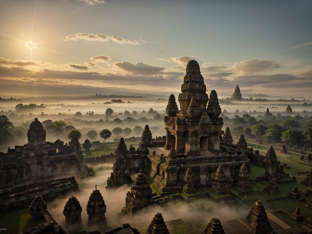 a picture of unfinished temple in the morning at sunrise (prambanan), good lighting, good quality, good texture, mist, myth vibe, 4k, realistic, low angle,