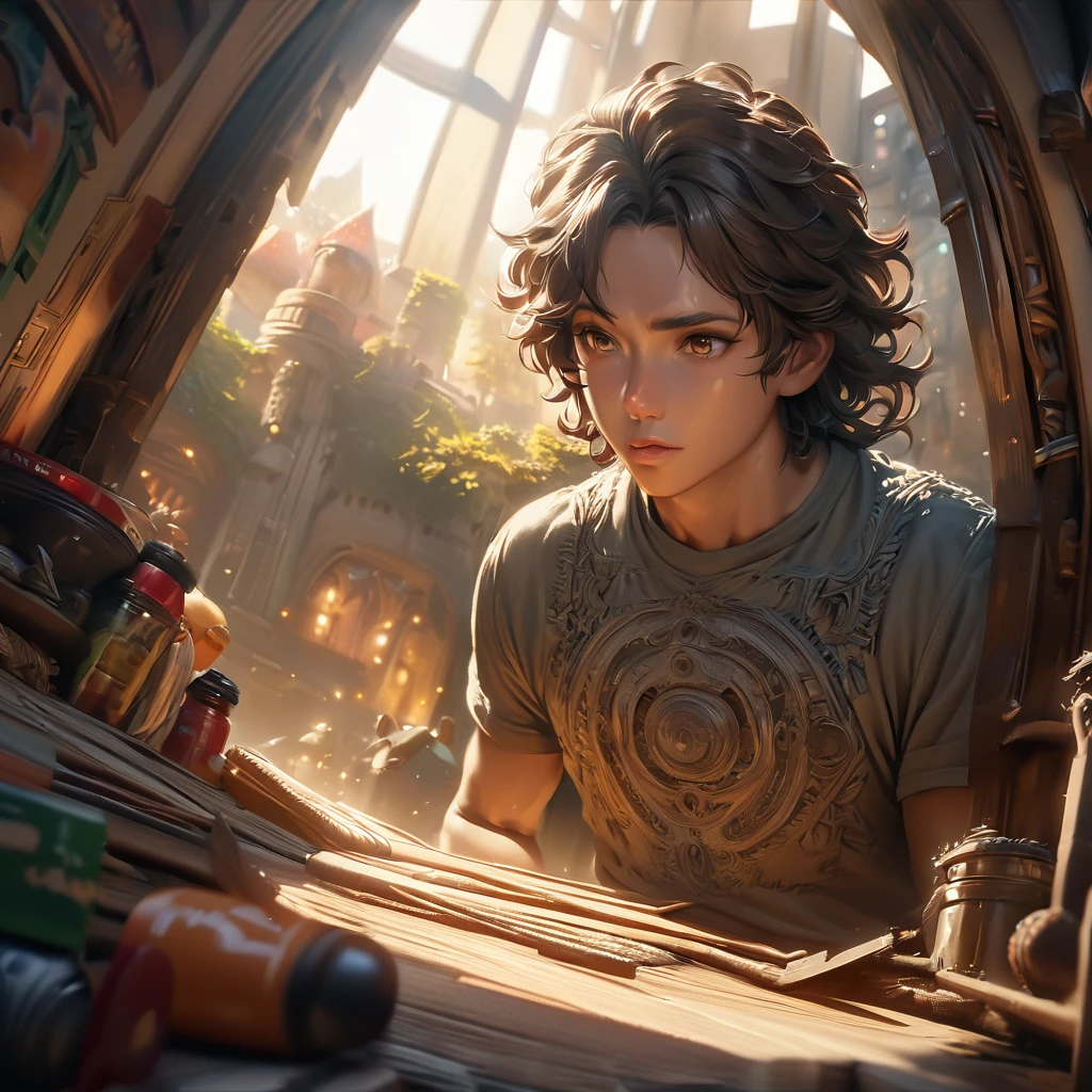 a boy with black wavy hair,19 year old boy,anime,studio ghibli,howls castle,intricate details,highly detailed,photorealistic,cinematic lighting,warm color palette,dramatic lighting,masterpiece,best quality,8k,ultra-detailed,realistic,photo-realistic,HDR,UHD,physically-based rendering,extreme detail description,professional,vivid colors,bokeh