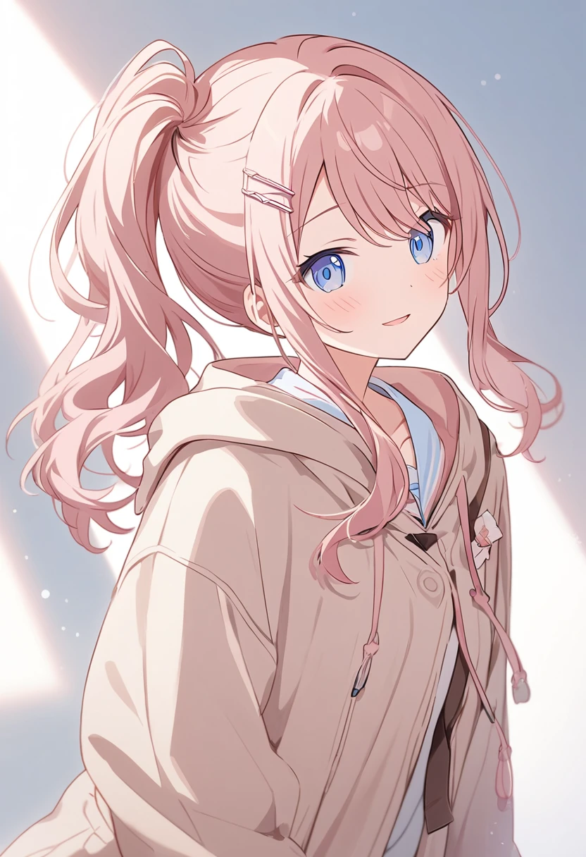 Generate an image of Honami Mochizuki from Project Sekai. She is a high school student with long, straight hair in a dark pink milk beige color. Her hair is styled in a loose side ponytail positioned low on the right side of her head, with a slight curl. Often, her ponytail is adorned with a simple hair clip or accessory. She has big, gentle blue eyes and a warm, friendly expression.