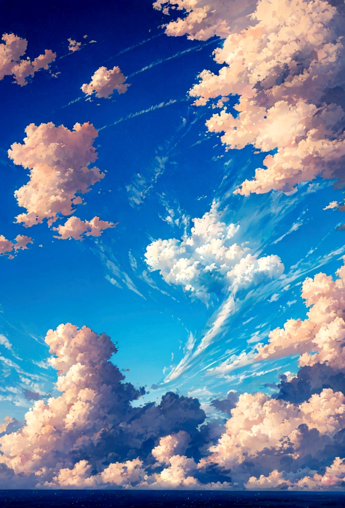 A distant view of a person falling from the sky, seen as a small dot amidst an endless expanse of bright, fluffy clouds. The scene is in a vibrant anime style, with no land visible, only the vast cloudscape and clear blue sky. The atmosphere is peaceful yet surreal, highlighting the immensity of the sky. Detailed textures, vivid colors, serene mood, hd quality