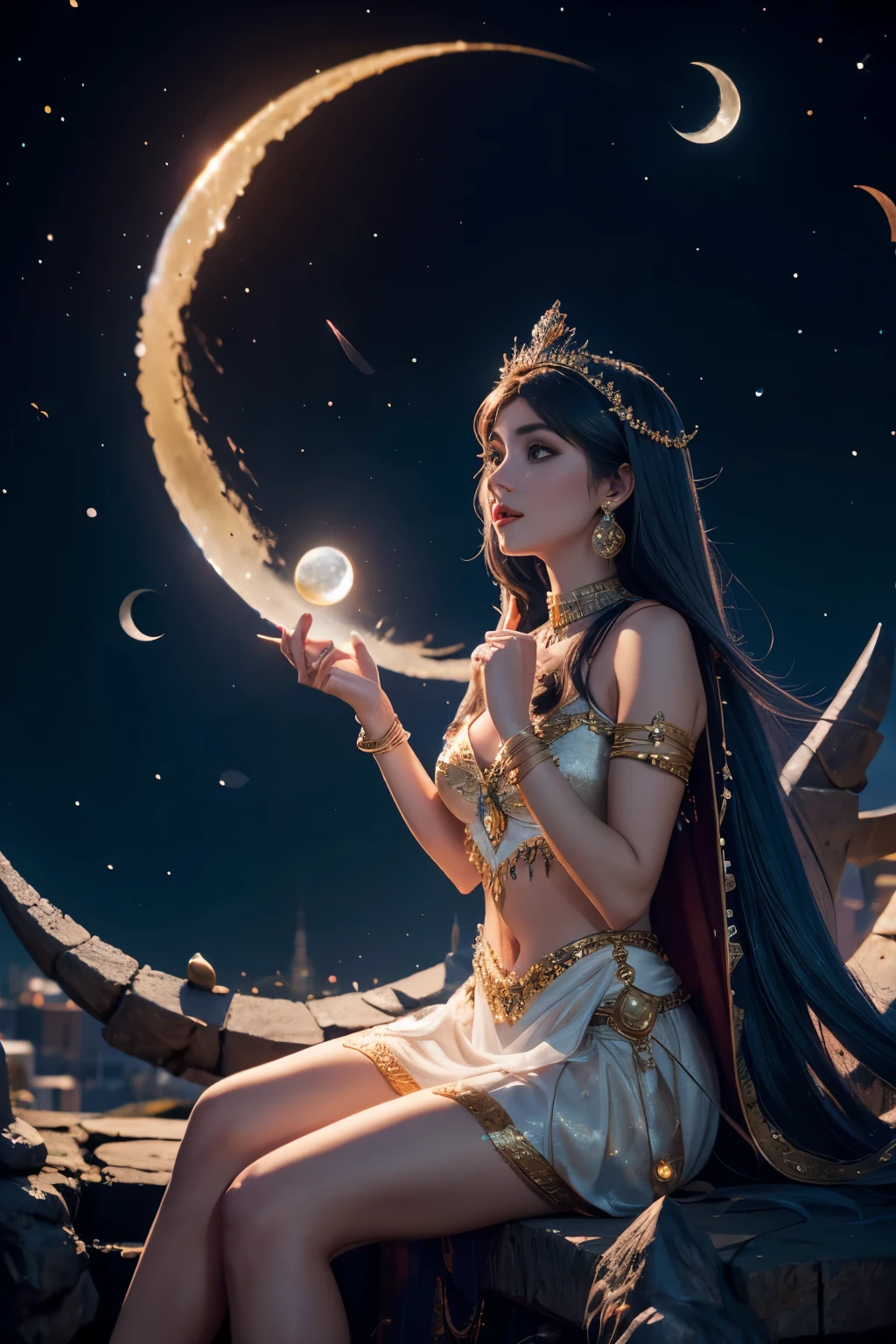 moon queen singing to a crescent moon, sitting on a crescent moon, 8k resolution