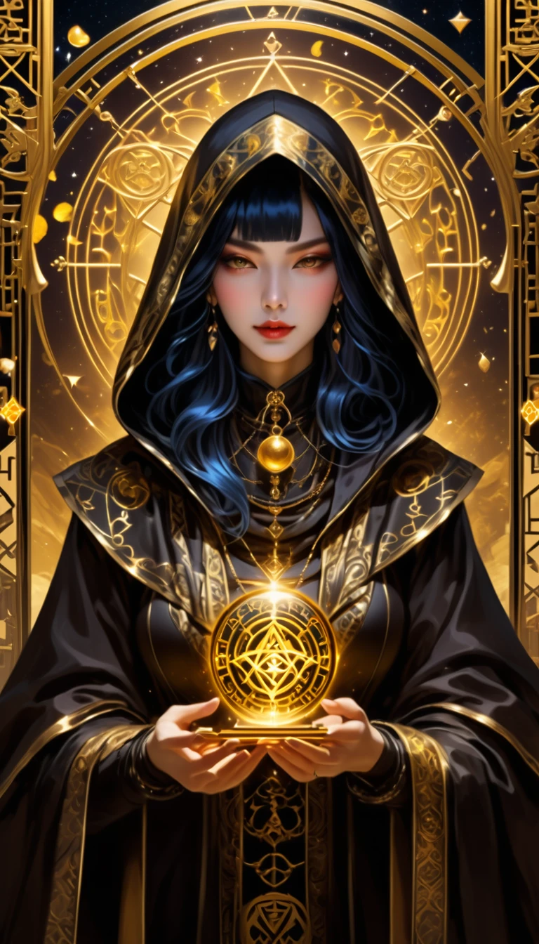 Onmyoji,Metal photo frame,card,tarot cards:1.37.Mysterious fortune teller wearing hood,Finger taps an array of tarot cards in the air,Mystical symbols and elements,ancient mysterious atmosphere,Realistic illustrationeticulous details,Vibrant and energetic composition,dark style,gothic style、Old woman、Golden Background、Golden Clothes、Luxury Background