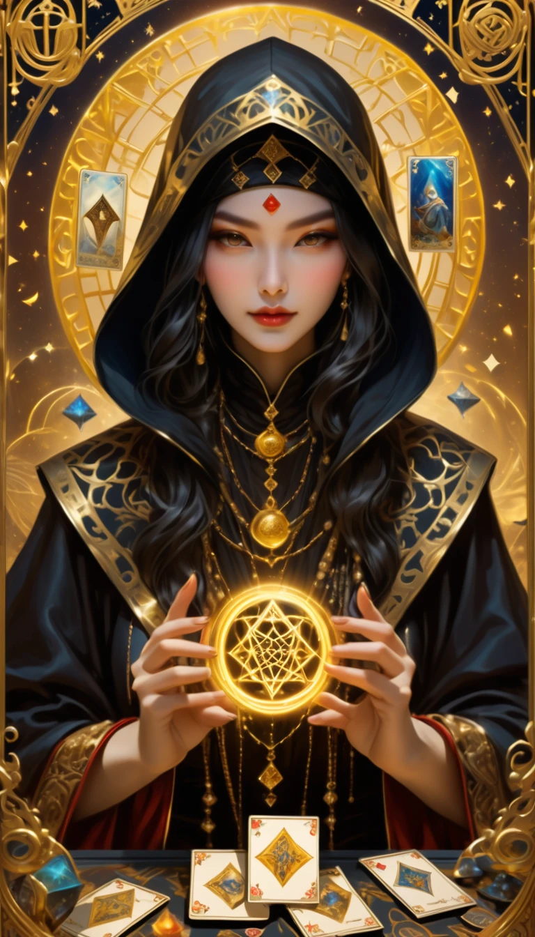 Onmyoji，Metal photo frame，card，tarot cards：1.37.Mysterious fortune teller wearing hood，Finger taps an array of tarot cards in the air，Mystical symbols and elements，ancient mysterious atmosphere，Realistic illustrationeticulous details，Vibrant and energetic composition，dark style，gothic style、Old woman、Golden Background、Golden Clothes、Luxury Background