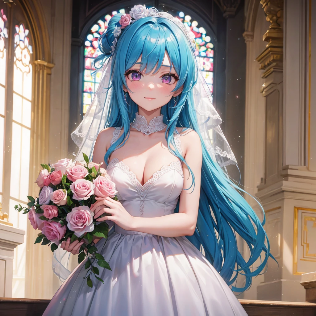 Sky blue hair, (Braided Ponytail),(Pink Eyes),Fair skin ,(whole body),(One girl),bride,A big smile,Straight bangs, 6月のbride,Wedding dress,(masterpiece, Highest quality, Very detailed, Best Shadow), (Detailed Background), (Beautifully detailed face), High Contrast, (Best lighting, Very delicate and beautiful), ((Cinematic Light)), colorful, Hyper Detail, Dramatic Light, Intricate details,Chapel background,Bouquet of roses,Ring on left ring finger,
