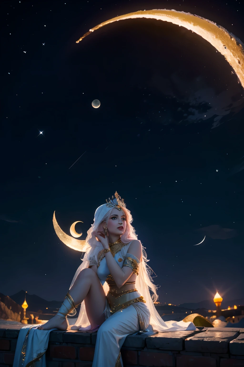 moon queen singing to a crescent moon, sitting on a crescent moon, 8k resolution