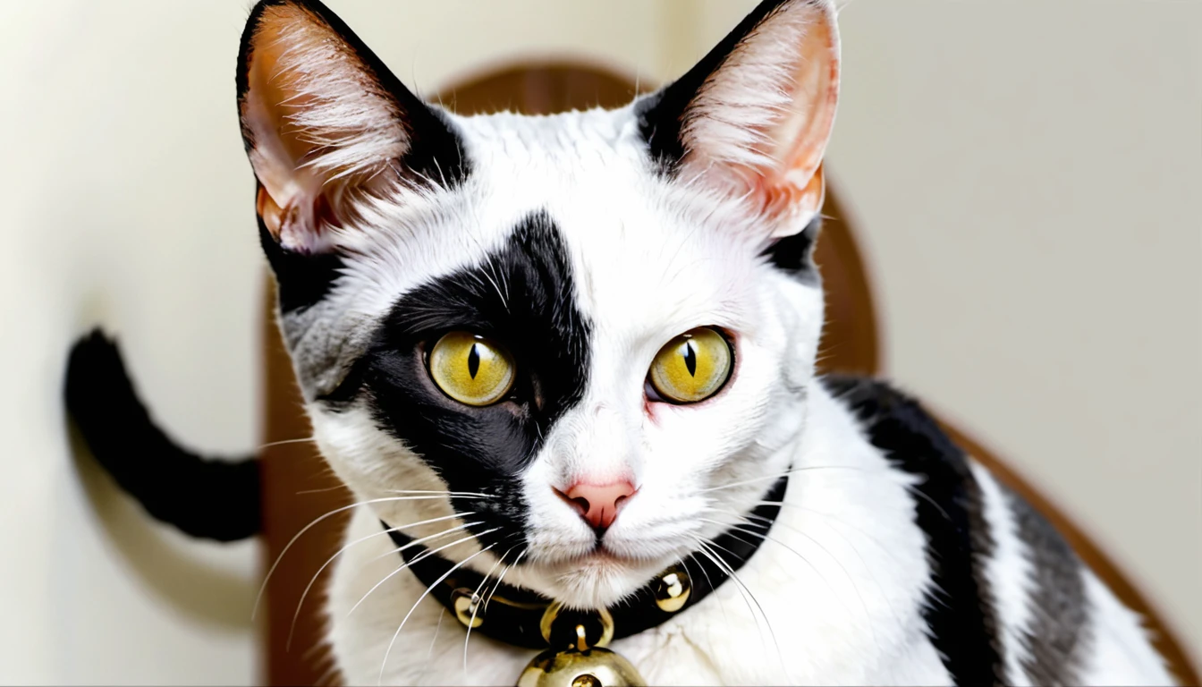 {
  "prompt": "A white and gray cat with a gray patch over its left eye and ear, a white patch over its right eye and ear. The cat has a gray back and wears a collar with a bell. The cat is looking directly at the camera.",
  "size": "1024x1024"
}