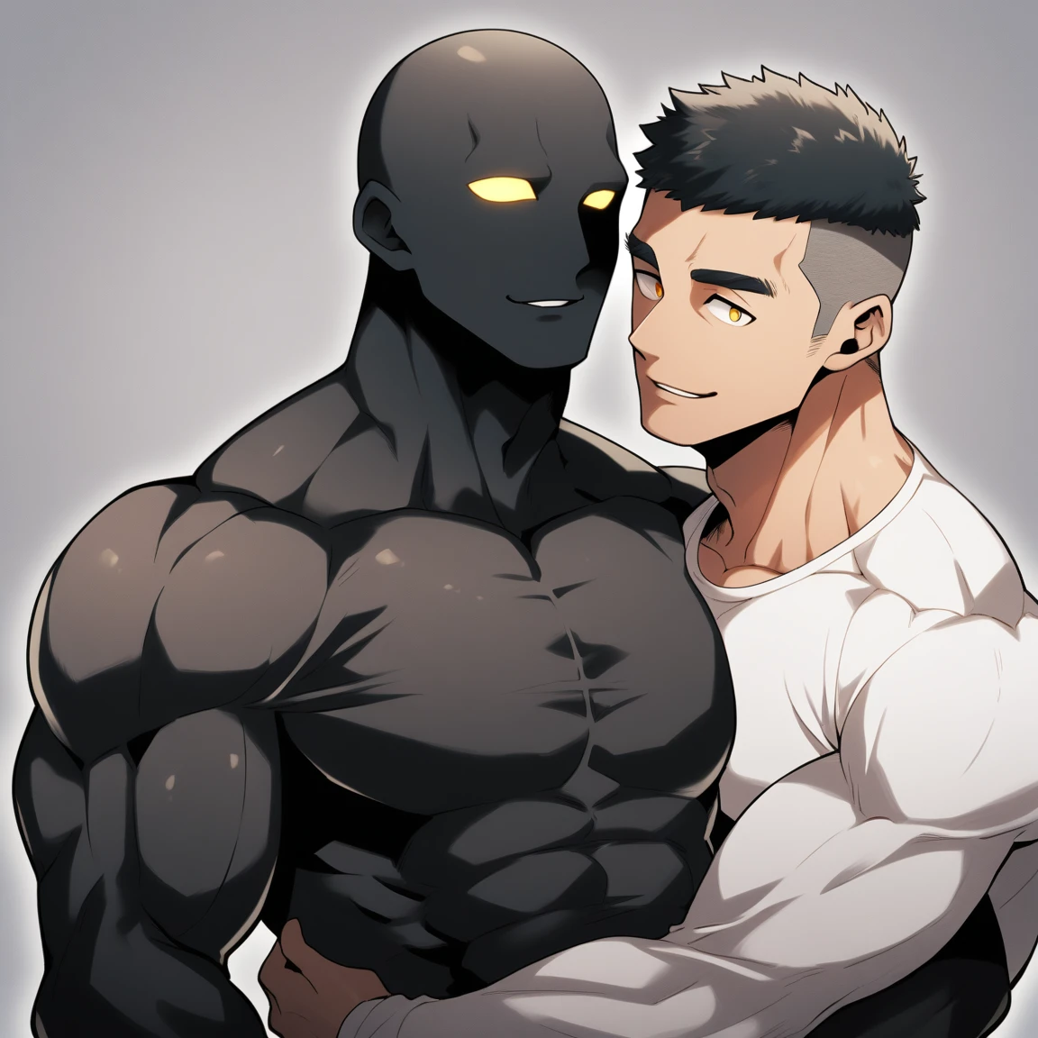 anime characters：Two superheroes in tights, Muscle Sports Student and Muscle No Face No Eyes skinhead superhero, No Face, He spews out a lot of black slime., negro black skin, They hugged and kissed each other, Bite your neck, Caress, Manliness, male focus, Yellow and black high collar long sleeve tight T-shirt, Slightly transparent material, Very tight, Round, full and perky chest muscles, Muscle waist, Slightly transparent, muscular male, muscular, only, Upper body, alone, Black short hair, Thick eyebrows, stubble, Yellow eyes, Grey background, simple background, amazing quality, best aesthetics, Ridiculous, bright pupils, crew cut, parted lips, seductive smile, torogao, naughty face, drop shadow, best quality