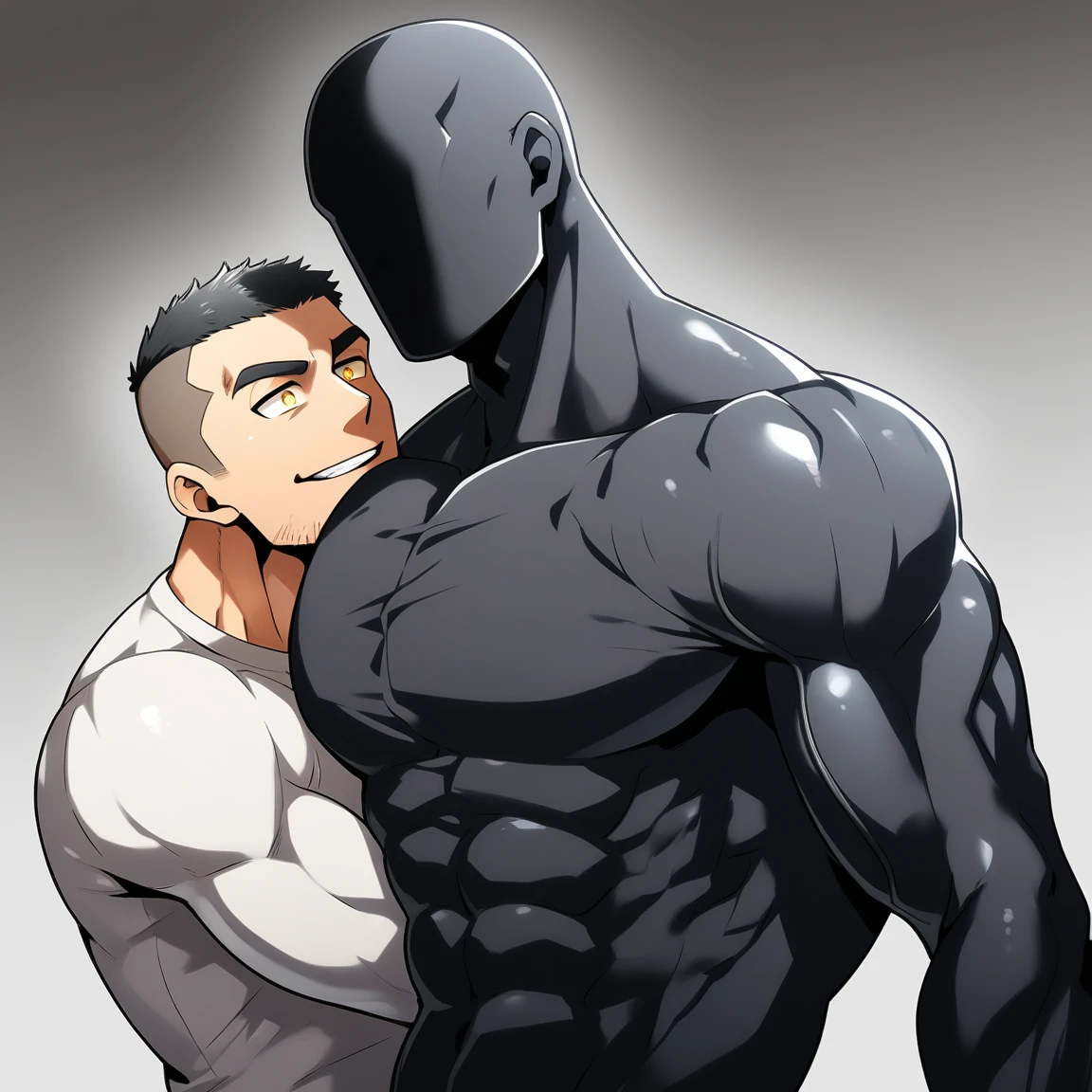 anime characters：Two superheroes in tights, Muscle Sports Student and Muscle No Face No Eyes skinhead superhero, No Face, He spews out a lot of black slime., negro black skin, They hugged and kissed each other, Bite your neck, Caress, Manliness, male focus, Yellow and black high collar long sleeve tight T-shirt, Slightly transparent material, Very tight, Round, full and perky chest muscles, Muscle waist, Slightly transparent, muscular male, muscular, only, Upper body, alone, Black short hair, Thick eyebrows, stubble, Yellow eyes, Grey background, simple background, amazing quality, best aesthetics, Ridiculous, bright pupils, crew cut, parted lips, seductive smile, torogao, naughty face, drop shadow, best quality