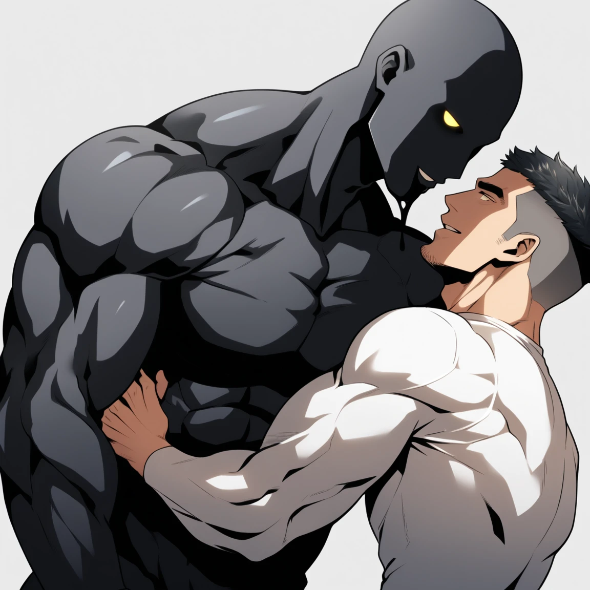 anime characters：Two superheroes in tights, Muscle Sports Student and Muscle No Face No Eyes skinhead superhero, No Face, He spews out a lot of black slime., negro black skin, They hugged and kissed each other, Bite your neck, Caress, Manliness, male focus, Yellow and black high collar long sleeve tight T-shirt, Slightly transparent material, Very tight, Round, full and perky chest muscles, Muscle waist, Slightly transparent, muscular male, muscular, only, Upper body, alone, Black short hair, Thick eyebrows, stubble, Yellow eyes, Grey background, simple background, amazing quality, best aesthetics, Ridiculous, bright pupils, crew cut, parted lips, seductive smile, torogao, naughty face, drop shadow, best quality