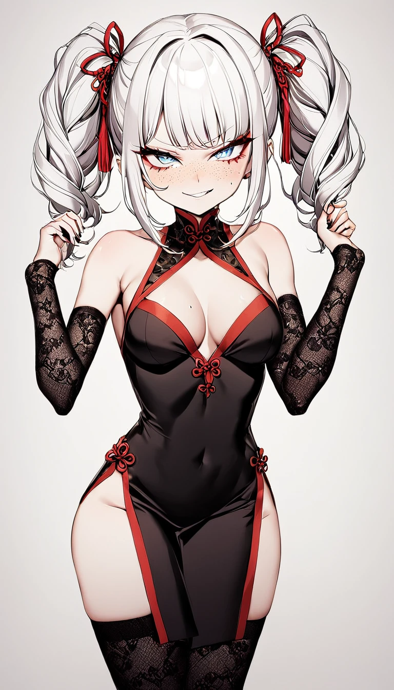 1 Girl, Black Chinese Dress, Long Black Stockings, Black Lace Sleeves, Red Lace Ribbon, Medium Breasts, Blue Eyes, Platinum White Hair, Twin Tail Hair Style, Pale White Skin, Smooth Skin, Face Freckles, Nice Cleavage, Slutty, Sexy, Sassy, Smirking, Tease, Teasing,