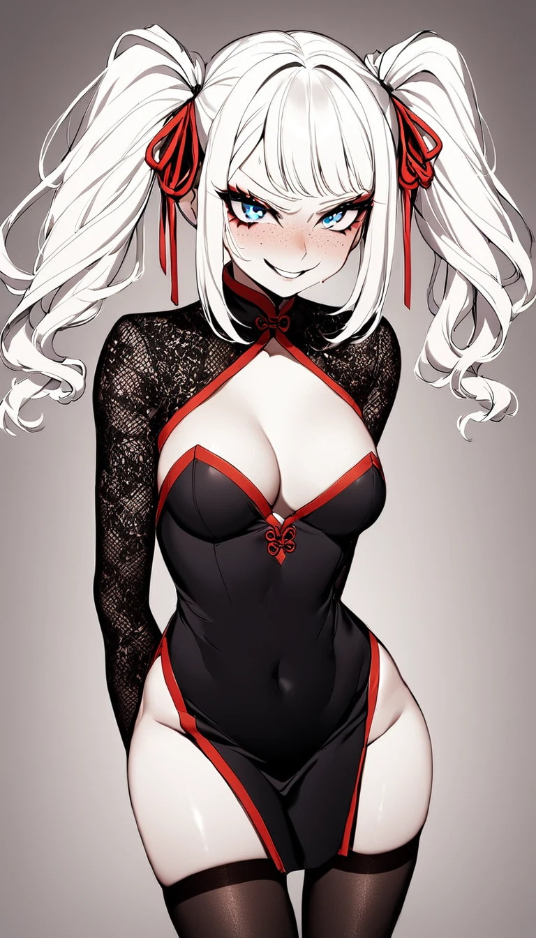 1 Girl, Black Chinese Dress, Long Black Stockings, Black Lace Sleeves, Red Lace Ribbon, Medium Breasts, Blue Eyes, Platinum White Hair, Twin Tail Hair Style, Pale White Skin, Smooth Skin, Face Freckles, Nice Cleavage, Slutty, Sexy, Sassy, Smirking, Tease, Teasing,