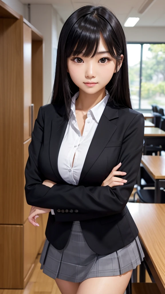 ((Tabletop)), (Detailed face), (highlight), Asian Girl、Big breasts、thigh、Black Hair、Heavy bangs、high school girl、skirt、blazer、Support your chest with your arms、Gazing Eyes、
