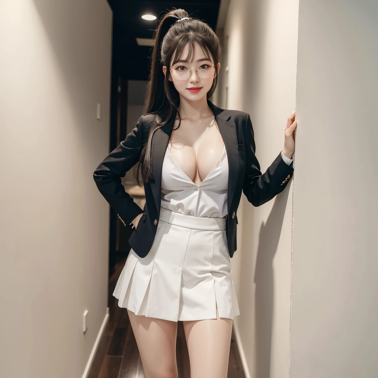 (Best quality, masterpiece, detailed), (RAW, 4k, hd images), shy, 1 girl, , white skin, long hair, ponytail, layers hair, bangs, black hair, beautiful girl, cute girl, sweet girl, pretty girl, perfect girl, pretty eyes, blue eyes, thin lips, thin, (eye line, lip stick soft), perfect, glasses(detailed frame), room, smile, thigh, legs, work suit, short skirt, standing,photo onwhite the middle fancing camera, wall background, full body, cleavage