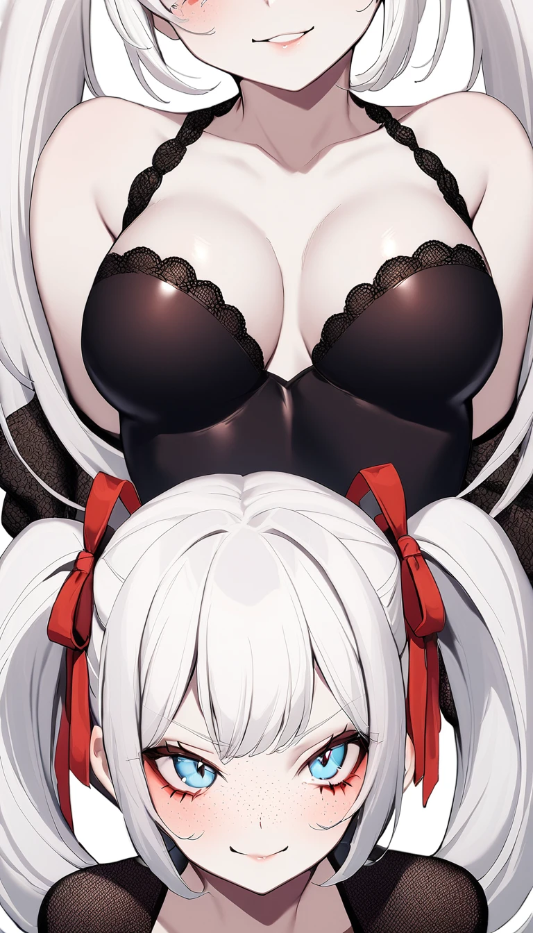 1 Girl, Black Chinese Dress, Long Black Stockings, Black Lace Sleeves, Red Lace Ribbon, Medium Breasts, Blue Eyes, Platinum White Hair, Twin Tail Hair Style, Pale White Skin, Smooth Skin, Face Freckles, Nice Cleavage, Slutty, Sexy, Sassy, Smirking, Tease, Teasing, Close Up, Upper Body Shot,