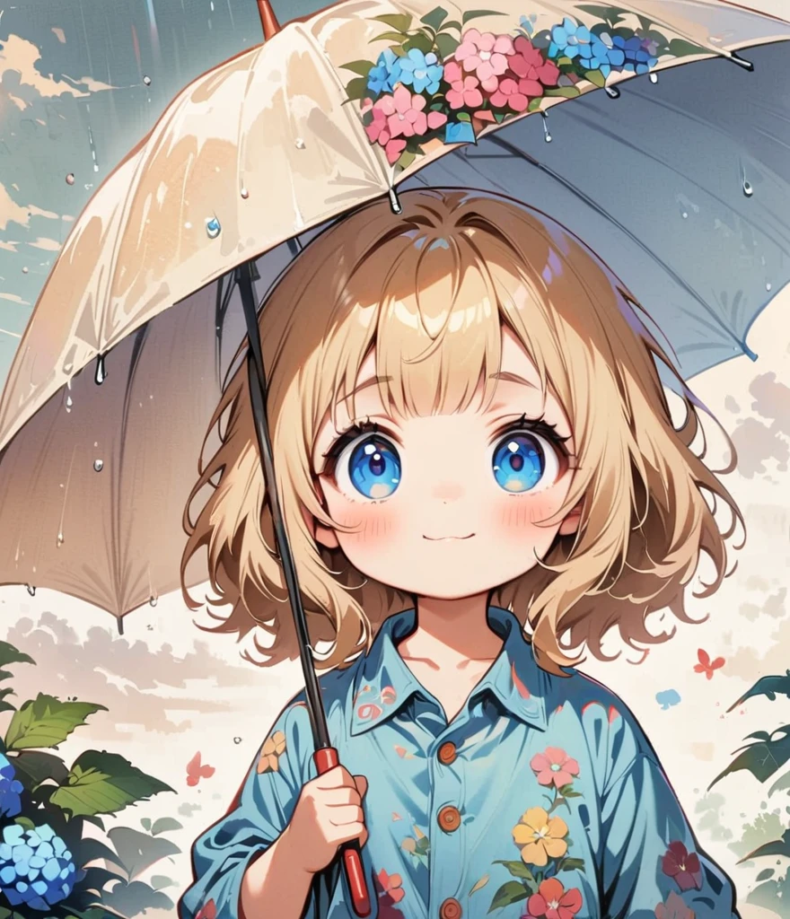 Umbrella or handheld、Blonde Short、male、When it rains, A rainbow appears。Hydrangea(masterpiece, Highest quality:1.2), Cartoon style character design, alone,Big eyes,Cute expression,,Floral Shirt,interesting,interesting