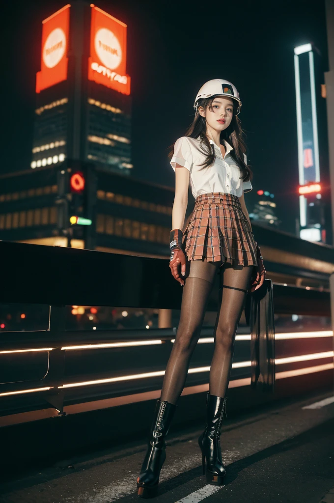 (((best quality))),(((ultra detailed))),(((masterpiece))),illustration,(1 beautiful girl,solo),((slim,thin)),((small breasts,flat chest)),(safety helmet:1.3),shoulder length straight hair,slender legs,cyberpunk, urban street,high school student, JK outfit,(riding on a motorcycle:1.3), sleek, (white collared short-sleeved shirt:1.3),(gloves:1.2),(red checkered pleated skirt:1.3),(pantyhose:1.3), stylish boots, confidence, determination, dark streets,neon lights, skyscrapers, urban noises, traffic, sirens, city sounds, futuristic, dystopian society, technology, fashion, explosive cocktail, style, , modernity, attitude, spirit, anything is possible,from front