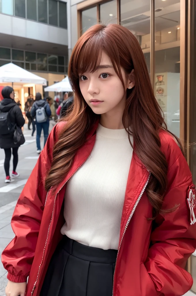 1 male college student、Red jacket、Chestnut Hair