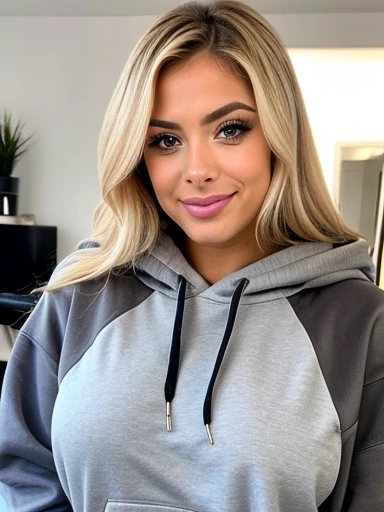 (( latin woman )) a beautiful body with big breast, long blonde hair, grey hoodie with beautiful honey-colored eyes, big lips, a Latin woman, big eyelashes professional make up, Très jolie, 20 ans, Instagram, influenceur, mignon, pose sexy, portant un hoodie décontracté dans son salon , haute résolution, Ultra-détaillé, , éclairage professionnel, faire la grimace, expression amusante, holding french bulldog
