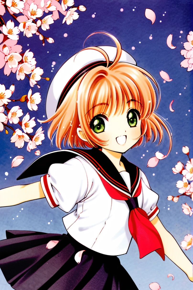 One girl,kinomoto sakura,alone,Uniforms of Tomoeda Elementary School,Green Eyes,Brown Hair,skirt,,Open your mouth,Have,Short sleeve,short hair,View your viewers,smile,petal,Puffy sleeves,black skirt,puffy Short sleeve,Antenna Hair,White Hat,Recall,cherry blossoms,Sailor collar,:d,white shirt,shirt,bangs,Put your arms behind your back,Traditional Media,