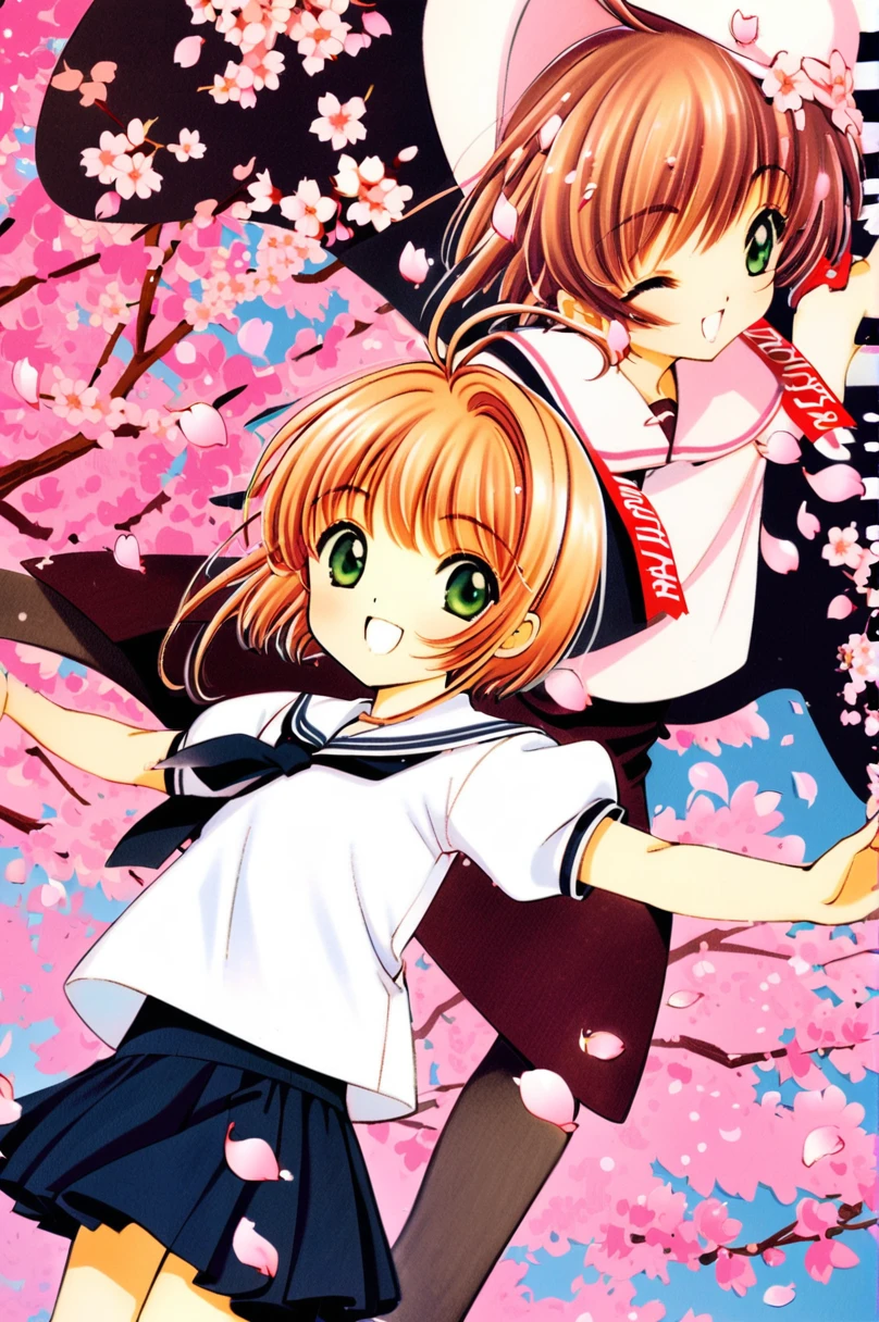 One girl,kinomoto sakura,alone,Uniforms of Tomoeda Elementary School,Green Eyes,Brown Hair,skirt,,Open your mouth,Have,Short sleeve,short hair,View your viewers,smile,petal,Puffy sleeves,black skirt,puffy Short sleeve,Antenna Hair,White Hat,Recall,cherry blossoms,Sailor collar,:d,white shirt,shirt,bangs,Put your arms behind your back,Traditional Media,