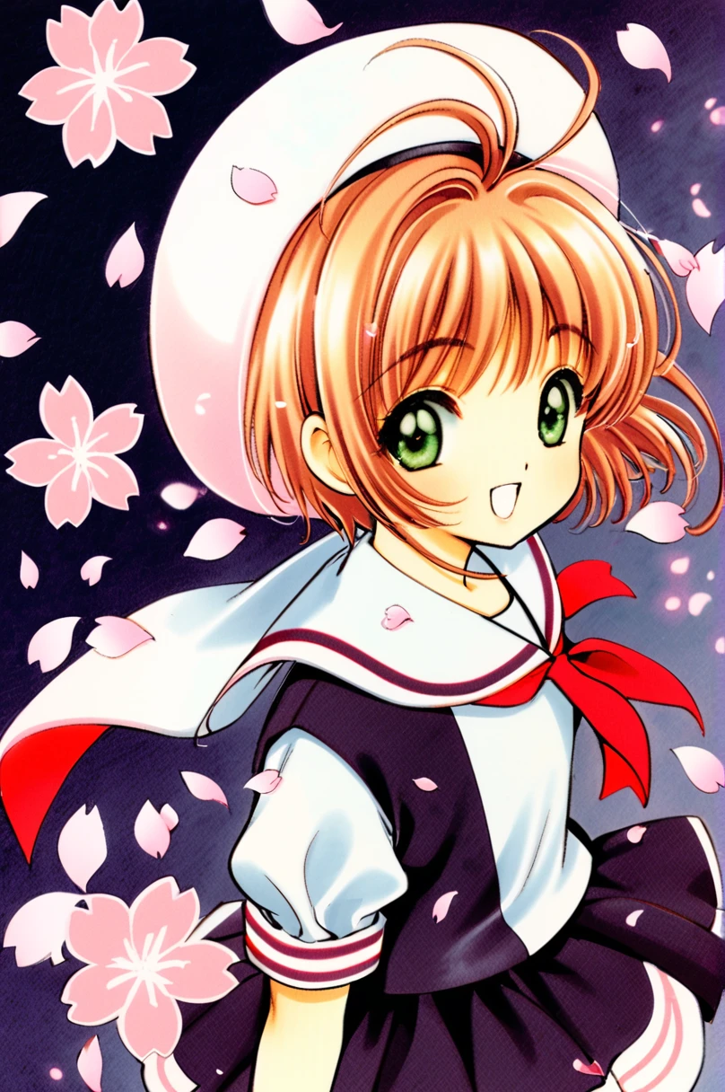 One girl,kinomoto sakura,alone,Uniforms of Tomoeda Elementary School,Green Eyes,Brown Hair,skirt,,Open your mouth,Have,Short sleeve,short hair,View your viewers,smile,petal,Puffy sleeves,black skirt,puffy Short sleeve,Antenna Hair,White Hat,Recall,cherry blossoms,Sailor collar,:d,white shirt,shirt,bangs,Put your arms behind your back,Traditional Media,