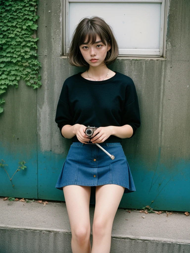 Stunning brunette woman with freckles, Portra 400 film photo, analog inspiration, she on mini skirt and whitout clother