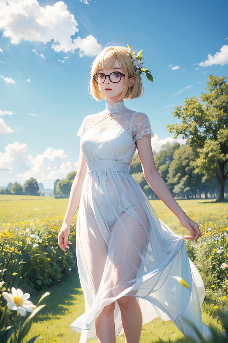 Unrequited Goddess、Standing in a meadow with blue sky、White long dress、Blonde、Short Bob、Black glasses、