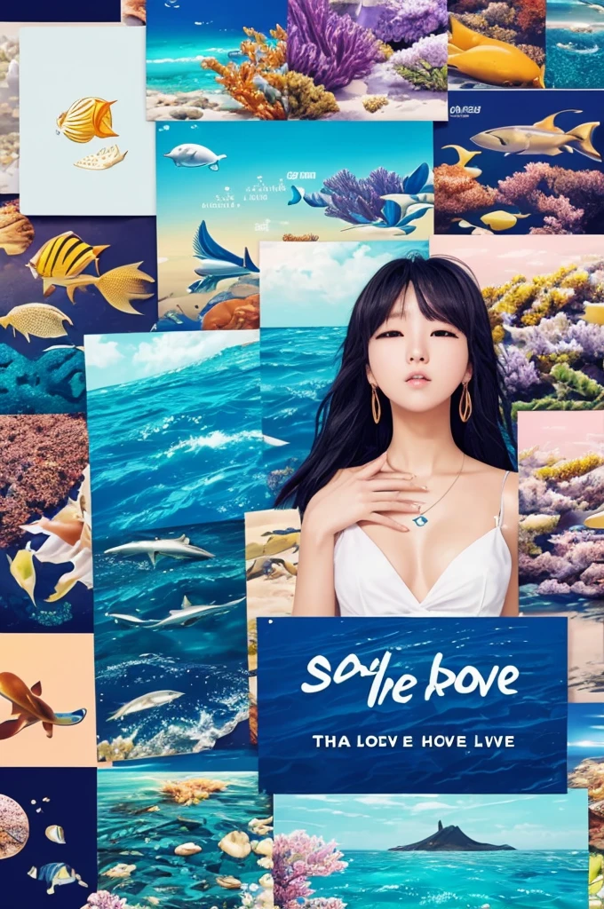 Create a kpop album cover related to the sea and love where LJH is written