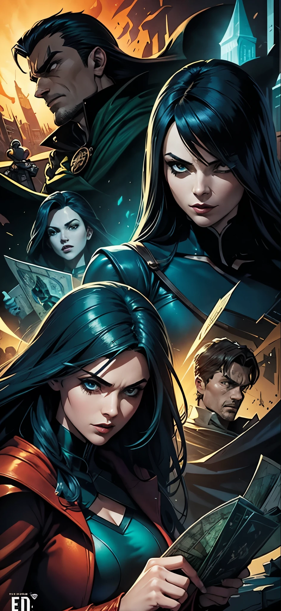 Create a comic book-style image of a group of cunning individuals. They should have confident, sly expressions and be in a dramatic, shadowy setting. Use bold colors like deep blues, dark greens, and golds. Incorporate elements like chess pieces and maps to highlight their strategic nature. Make the image dynamic and eye-catching, suitable for a striking thumbnail.