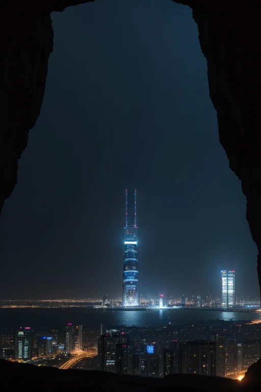 technological future seen from inside a distant cave of a futuristic city at night