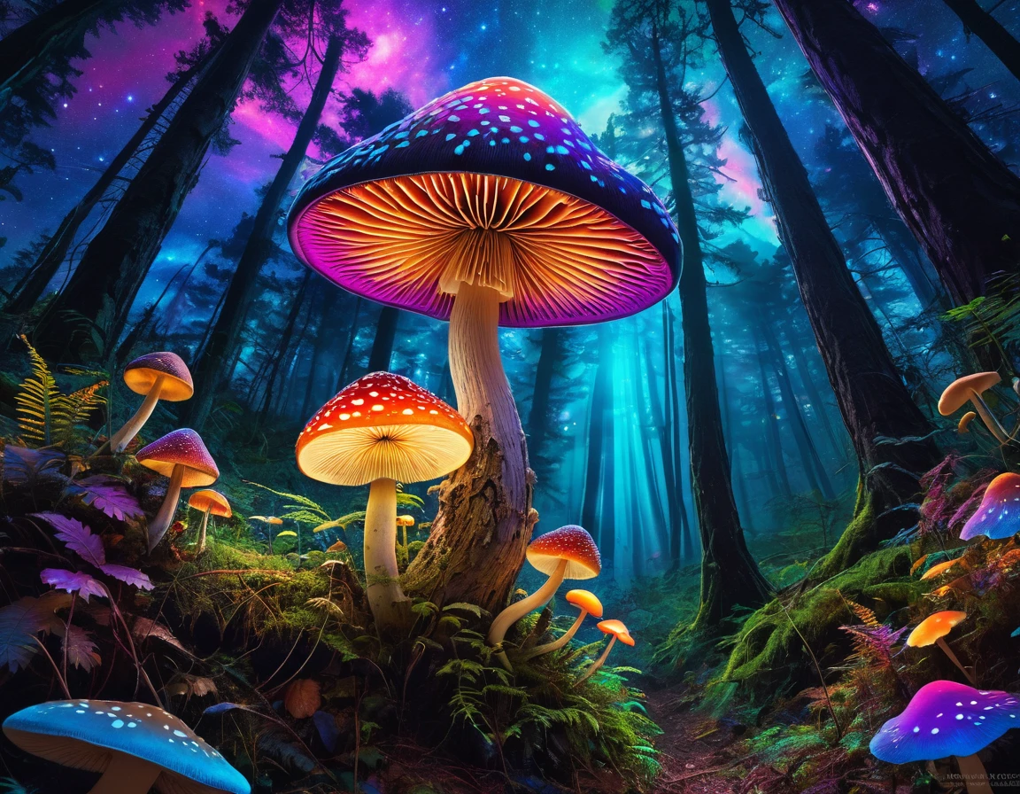 Black Light Mountain，Star，Space planets，sun，Sunset，forest，Trees，自然景观 a close up of a mushroom with many different colored mumushroom, psychedelic mumushroom dream, psychedelic mumushroom, mumushroom milky way, magic mumushroom, 迷幻mushroom, 迷幻mushroom, mushroom, mushroomforest, neon mumushroom, Whimsical and psychedelic, mushroom分形, mushroom城, psychedelics, Psychedelic Art, Psychedelic illustration, Psilocybin, colorful mumushroom
